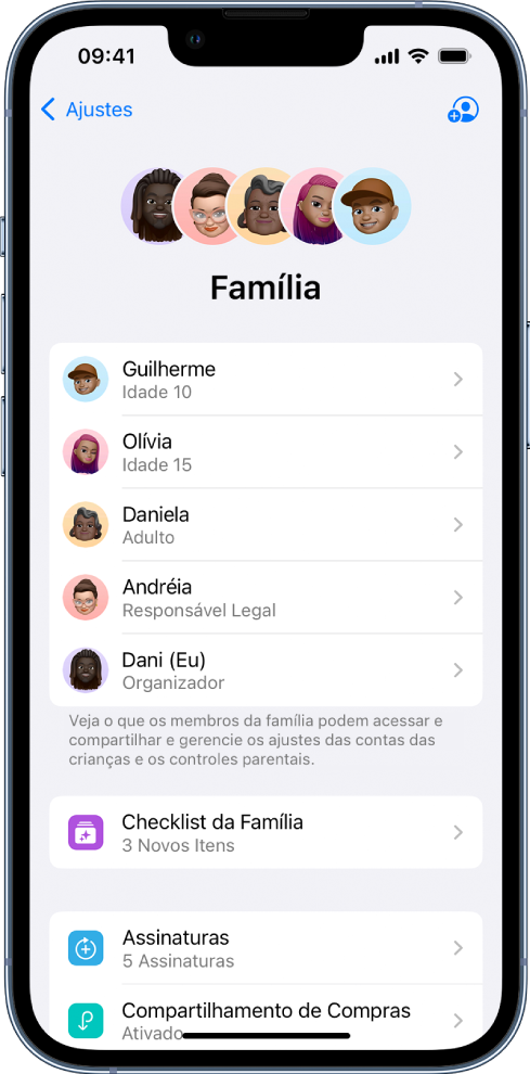 Tela do Compartilhamento Familiar nos Ajustes. Cinco membros da família aparecem na lista. Abaixo de cada nome está Checklist da Família e as opções Assinaturas, Compartilhamento de Compras e Compartilhamento de Localização.