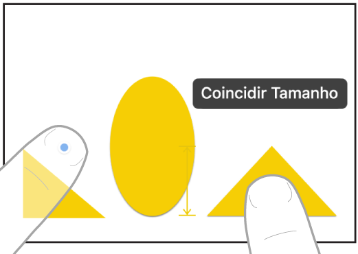 Ilustração mostrando dois dedos em duas mãos selecionando e igualando os tamanhos de dois itens no Freeform.