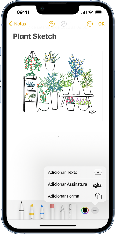 Um diagrama de uma reforma de cozinha com marcações no app Notas. A barra de ferramentas de Marcação com ferramentas de desenho e o seletor de cores aparecem na parte inferior da tela. Um menu com opções para adicionar texto, uma descrição, uma assinatura, uma lupa e formas aparece no canto inferior direito.