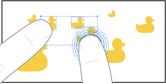 Ilustração mostrando dois dedos selecionando itens no Freeform.