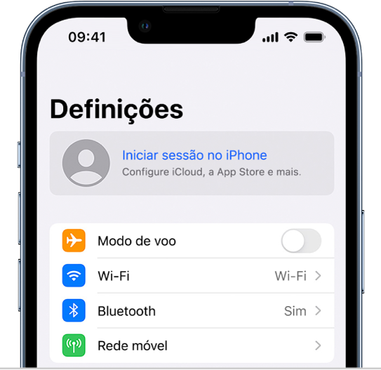 O ecrã Definições com a opção Iniciar sessão no iPhone selecionada.