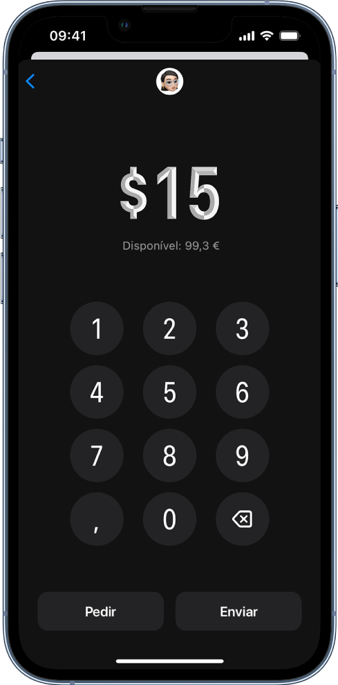 Um teclado numérico para introduzir o montante, com os botões Pedir e Enviar na parte inferior.