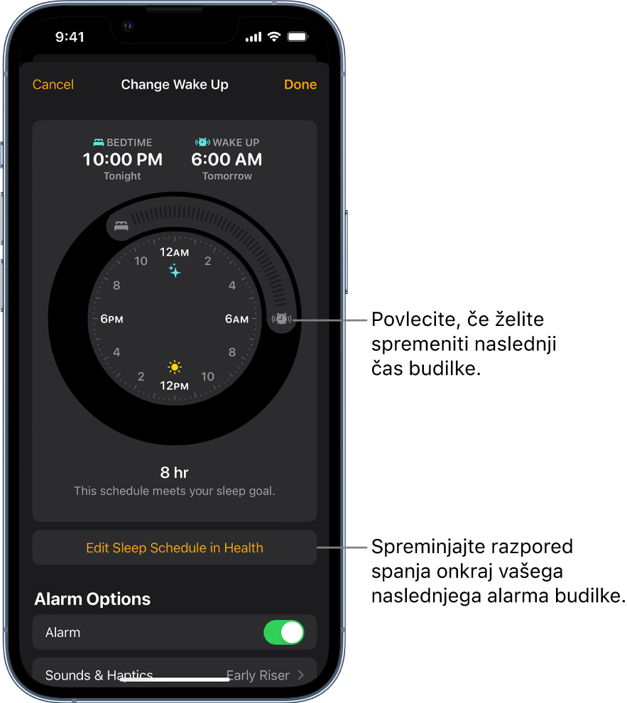 Zaslon za spremembo jutrišnjega alarma za bujenje z gumbi za spremembo časa za spanje in bujenje, gumbom za spremembo urnika spanja v aplikaciji Health in gumb za vklop ali izklop alarma za bujenje.