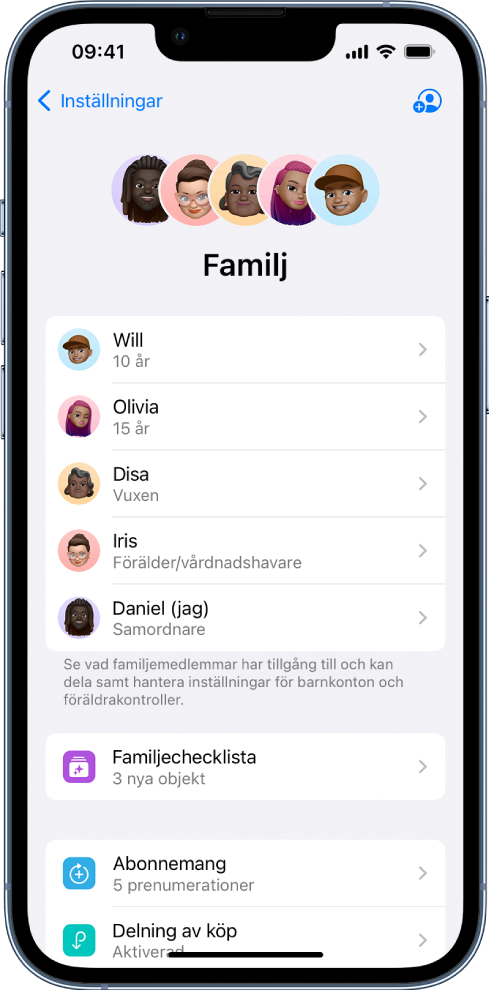 Skärmen Familjedelning i Inställningar. Fem familjemedlemmar är listade. Under deras namn visas Familjechecklista samt alternativen Abonnemang, Delning av köp och Platsdelning.