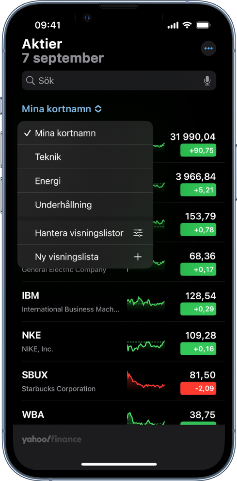 En visningslista som innehåller en lista med olika aktier. Alla aktier i listan visar, från vänster till höger, aktiekortnamn och namn, ett diagram över kursutvecklingen, aktiekurs och kursförändring. Visningslistan Mina kortnamn är vald högst upp på skärmen och följande visningslistor och alternativ är tillgängliga: Teknik, Energi, Underhållning, Hantera visningslistor och Ny visningslista.