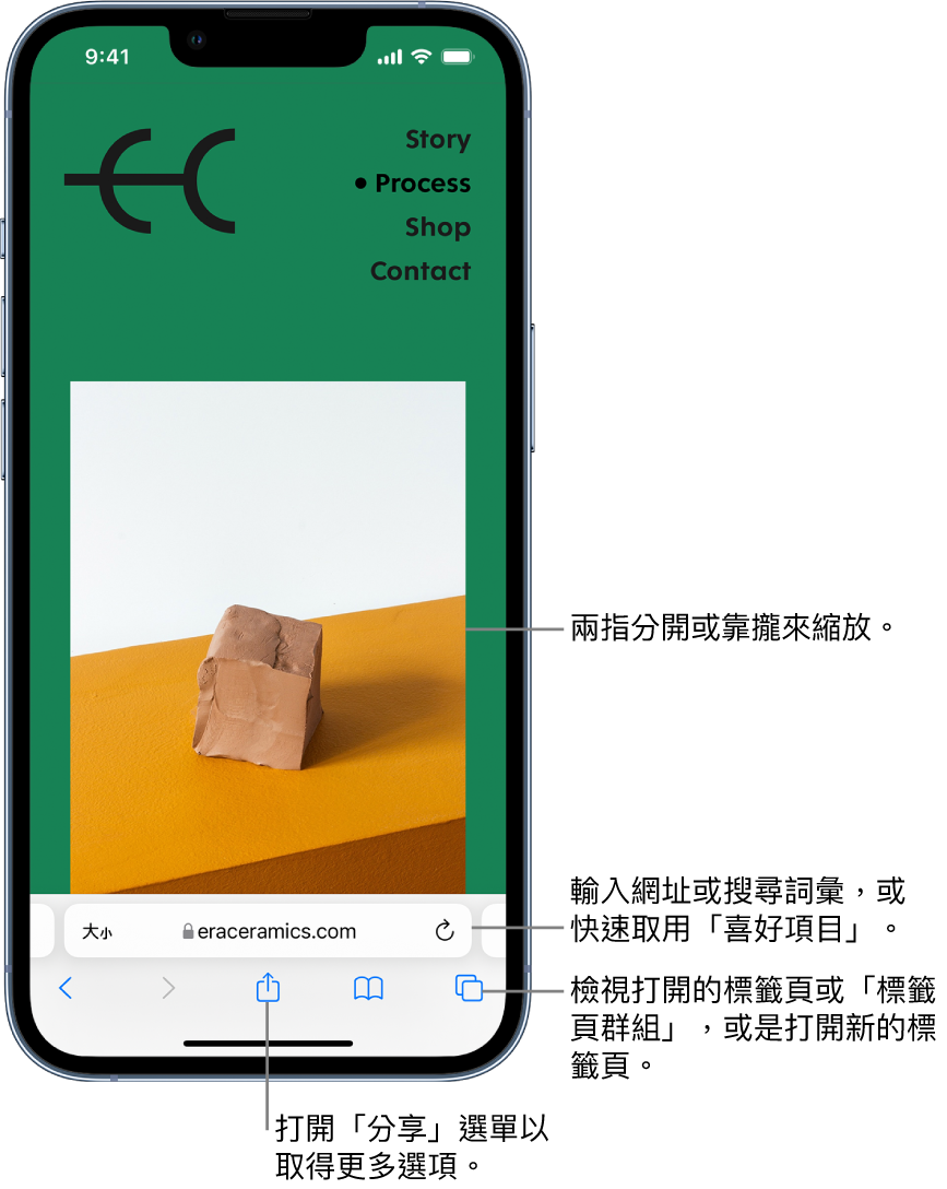 在 Safari 中打開的網站，底部有網址欄位。底部從左到右依序是「上一頁」、「下一頁」、「分享」、「書籤」和「標籤頁」按鈕。