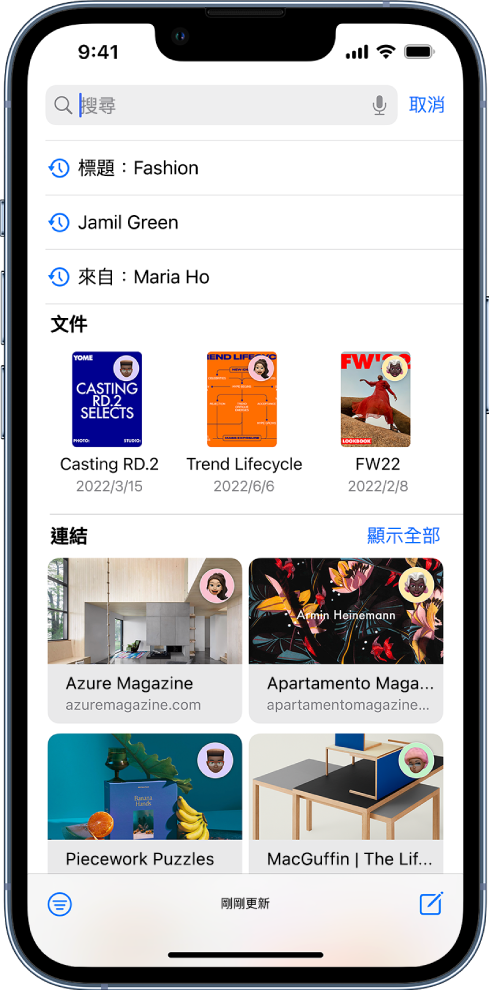 「郵件」App 中的搜尋欄位。搜尋欄位空白，但預測搜尋結果填滿了螢幕，由上至下依序為電子郵件主旨、電子郵件寄件人、文件和連結。