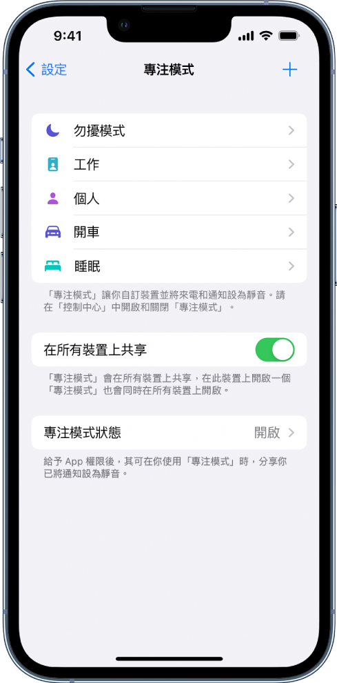 顯示五個所提供「專注模式」選項的畫面：「勿擾模式」、「開車」、「個人」、「睡眠」和「工作」。「在所有裝置上共享」選項已開啟，允許相同的「專注模式」設定用於你的不同 Apple 裝置。