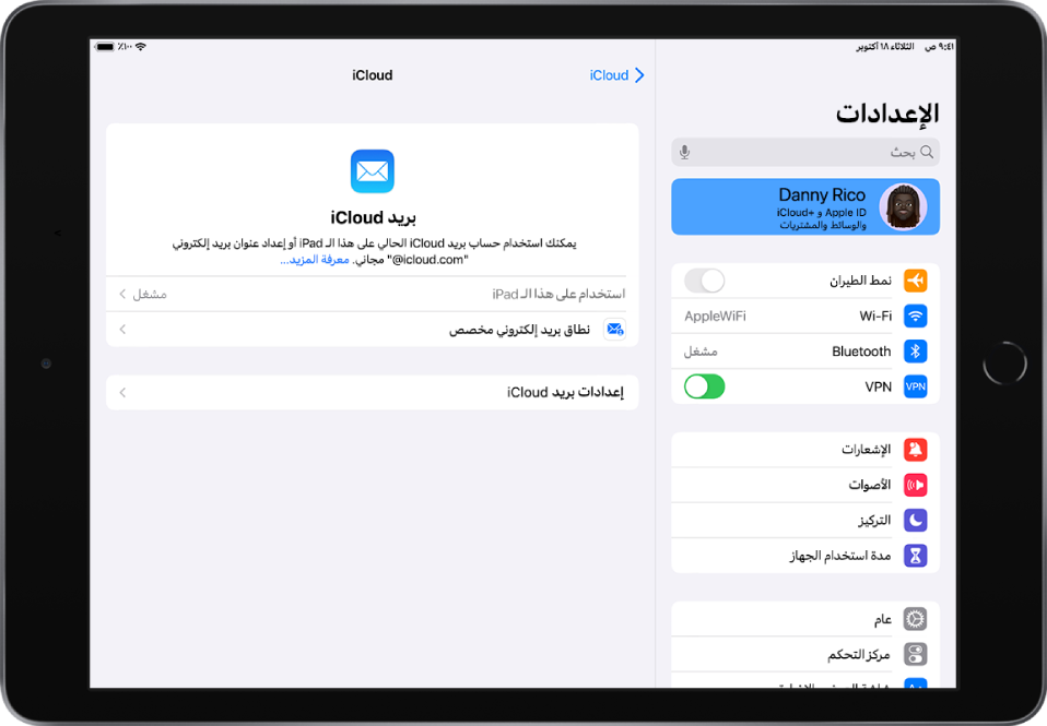 تطبيق الإعدادات مفتوح على شاشة بريد iCloud، مع تشغيل "استخدام على هذا الـ iPad". أسفل ذلك تظهر خيارات إعدادات نطاق البريد الإلكتروني المخصص بريد iCloud.