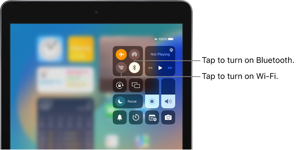 Control Center with airplane mode on. The buttons for turning on Wi-Fi and Bluetooth are near the upper-left corner of Control Center.