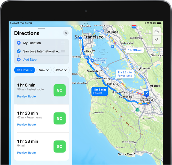 A map with several driving routes, each listed with a Go button in the route card on the left.