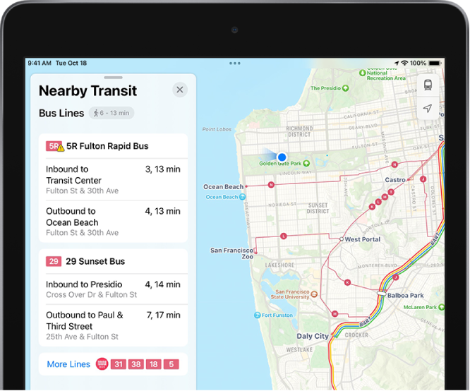 A map showing major transit lines. A Nearby Transit card on the left shows four suggested lines.