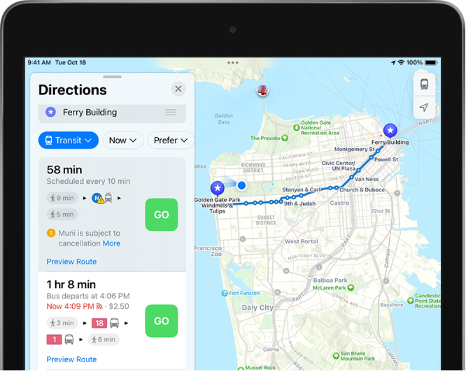 A map showing a transit route. A route card on the left shows Go buttons for several options for the route.