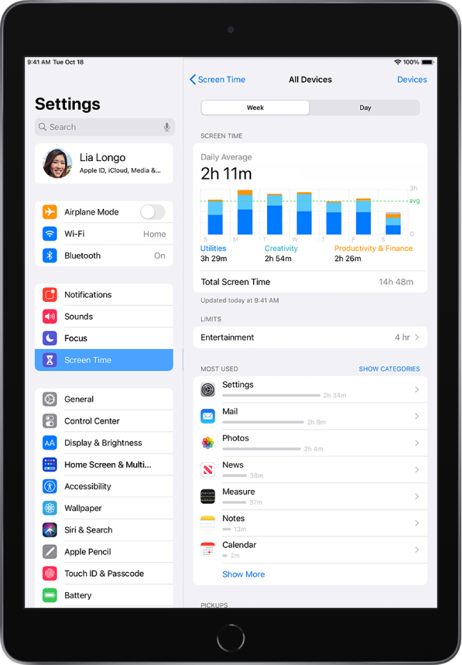 A Screen Time weekly report showing the total amount of time spent on apps, by category and by app.