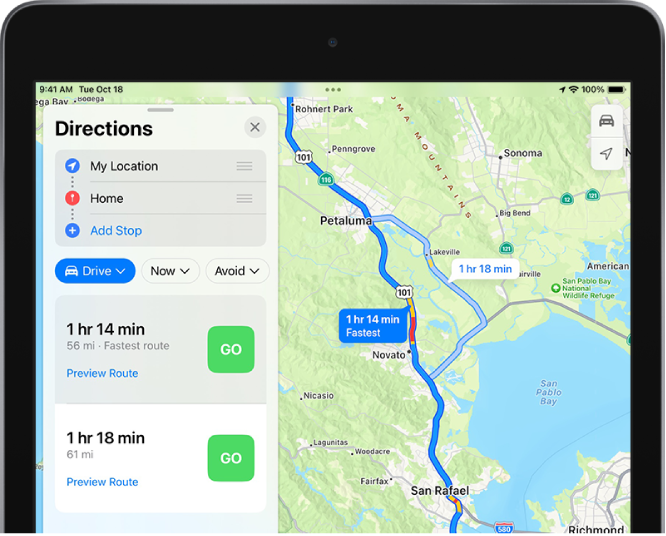 A map with two driving routes shown in the North Bay near San Francisco. The fastest route is selected.