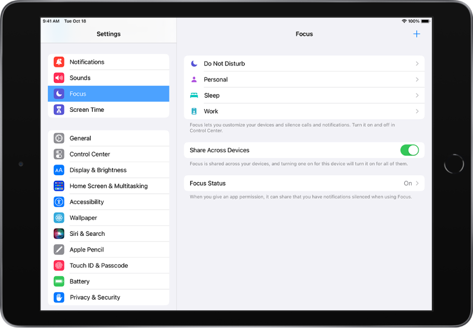 A screen showing four provided Focus options—Do Not Disturb, Personal, Sleep, and Work. The Share Across Devices button is on, which allows the same Focus settings to be used across your Apple devices.