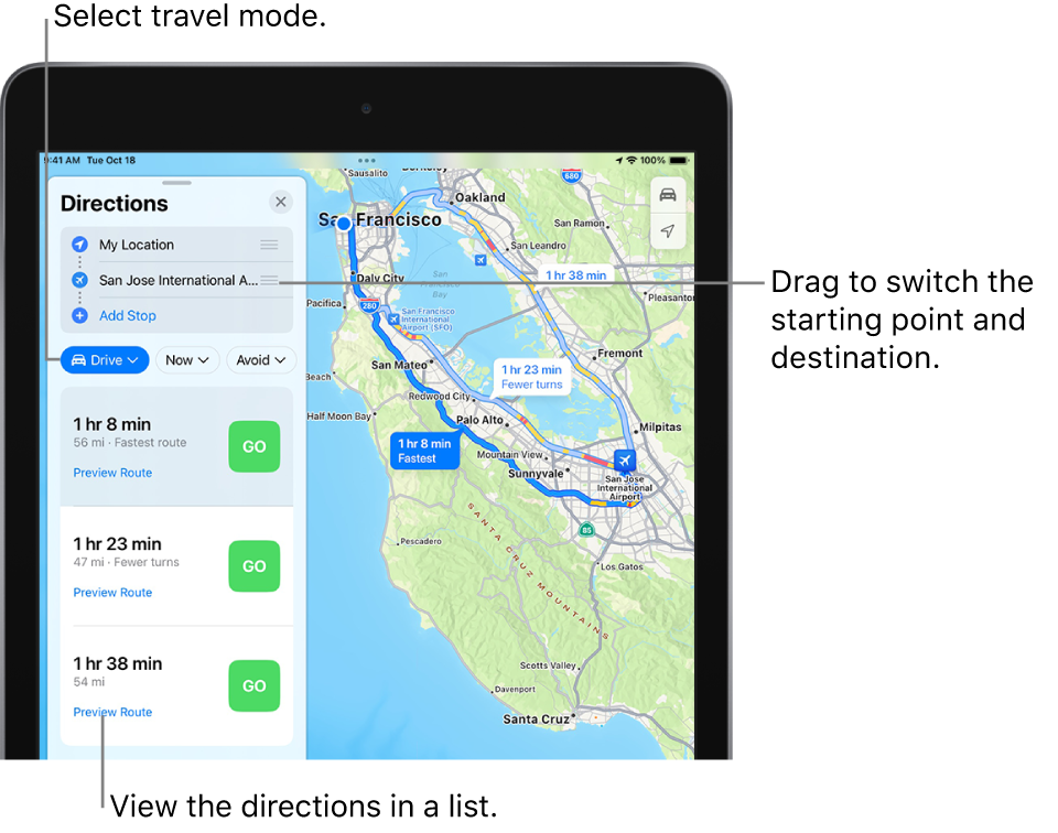 A map showing three driving routes from San Francisco to the San Jose International Airport. The fastest route is selected.