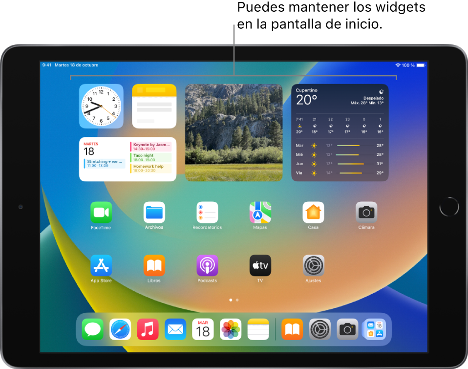 Pantalla de inicio con widgets, incluidos los de Fotos, Calendario y Tiempo.