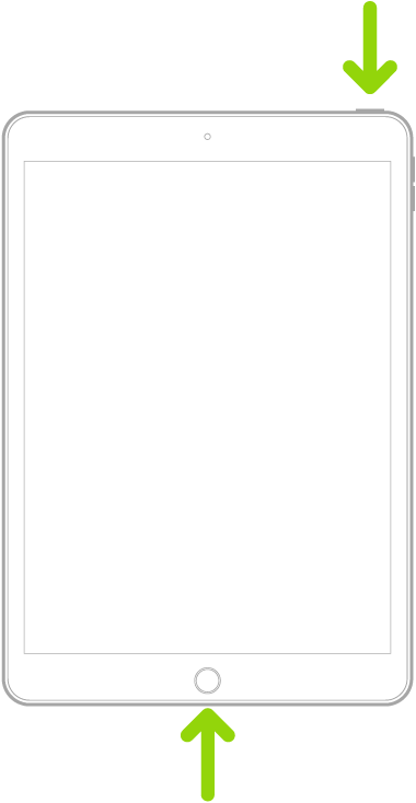 Ilustración de un iPad con botón de inicio en la parte inferior del dispositivo. El botón superior se muestra cerca del borde derecho.