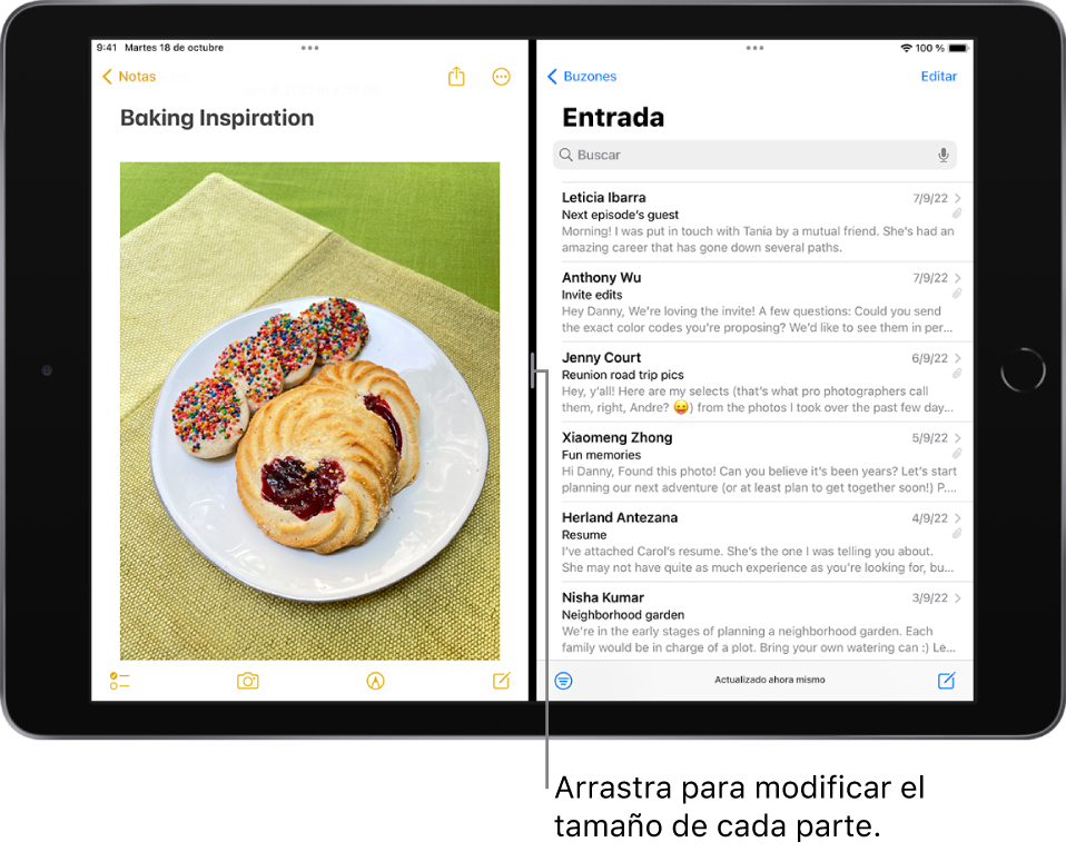 En la parte izquierda de la pantalla, está abierta la app Notas, mientras que la app Mail está abierta a la derecha. Entre las apps hay un separador ajustable que permite cambiar el tamaño de las zonas divididas.