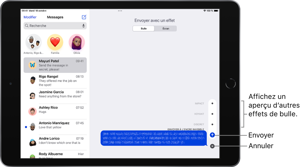 Aperçu d’un message contenant un effet « Encre invisible ». Sur la droite se trouvent des commandes affichant des aperçus des autres effets de bulle ainsi que les boutons Envoyer et Annuler.