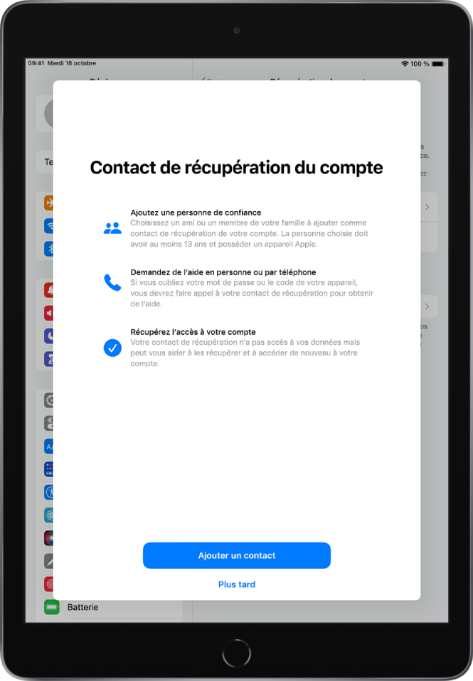 L’écran « Contact de récupération » avec des informations sur la fonctionnalité. Le bouton « Ajouter un contact » se trouve en bas de l’écran.