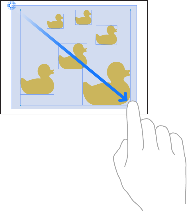 Une illustration présentant un utilisateur faisant glisser un doigt pour sélectionner des éléments dans Freeform.