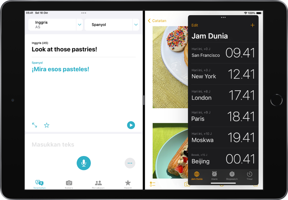 App Terjemahan dibuka di sisi kiri layar, Catatan dibuka di sisi kanan, dan Jam dibuka di jendela Slide Over yang menutup Catatan sebagian.
