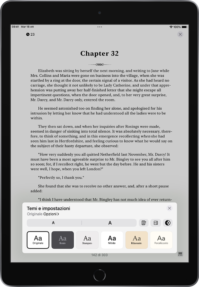 Le opzioni “Temi e impostazioni” che mostrano i controlli per le dimensioni del font, la vista a scorrimento, lo stile del giro pagina, la luminosità e gli stili per il font.