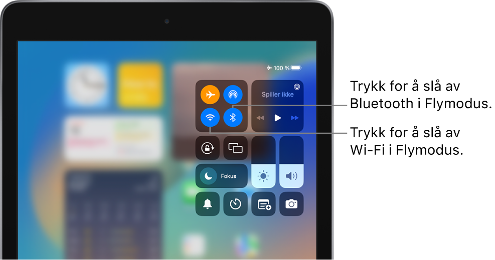 Kontrollsenter med flymodus på. Knappene for å slå av Wi‑Fi og Bluetooth vises nær toppen av skjermen til venstre i Kontrollsenter.