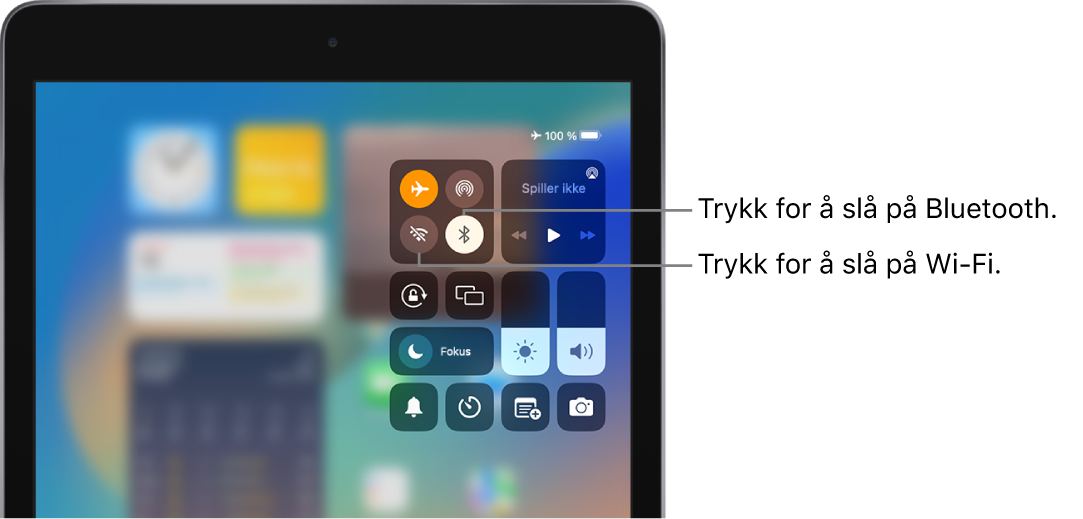 Kontrollsenter med flymodus på. Knappene for å slå på Wi‑Fi og Bluetooth vises nær toppen av skjermen til venstre i Kontrollsenter.