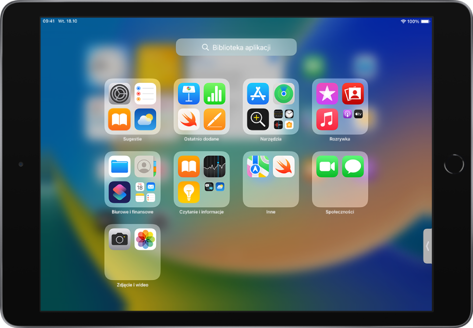Biblioteka aplikacji na iPadzie, zawierająca aplikacje uporządkowane w kategoriach, takich jak Narzędzia, Rozrywka, Biurowe i finansowe i innych.