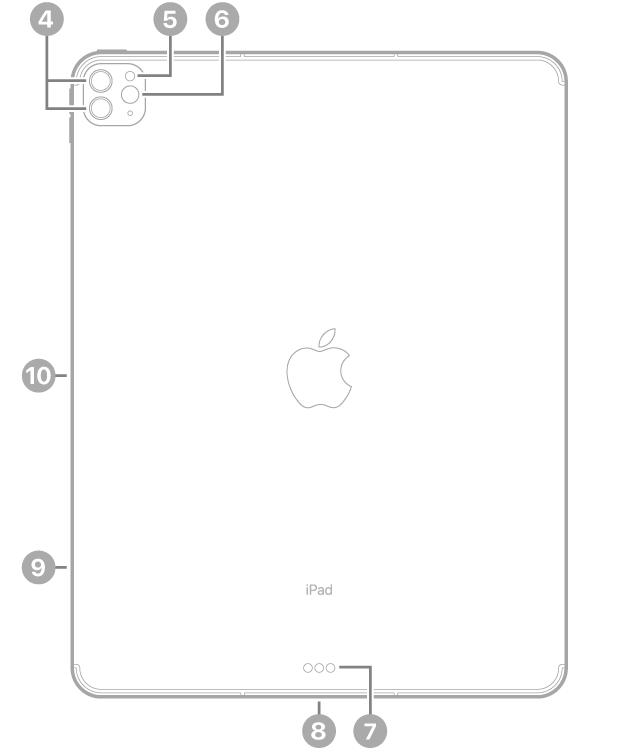 iPad Pro 背面视图，标注指向左上方的后置摄像头和闪光灯、底部中央的智能接点和雷雳/USB 4 接口、左下方的 SIM 卡托（无线局域网 + 蜂窝网络机型）以及左侧用于 Apple Pencil 的磁性接口。