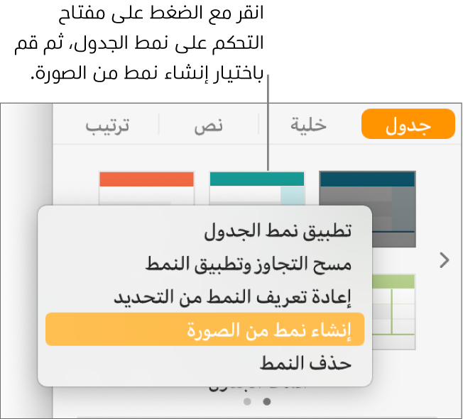 قائمة اختصارات نمط الجدول.