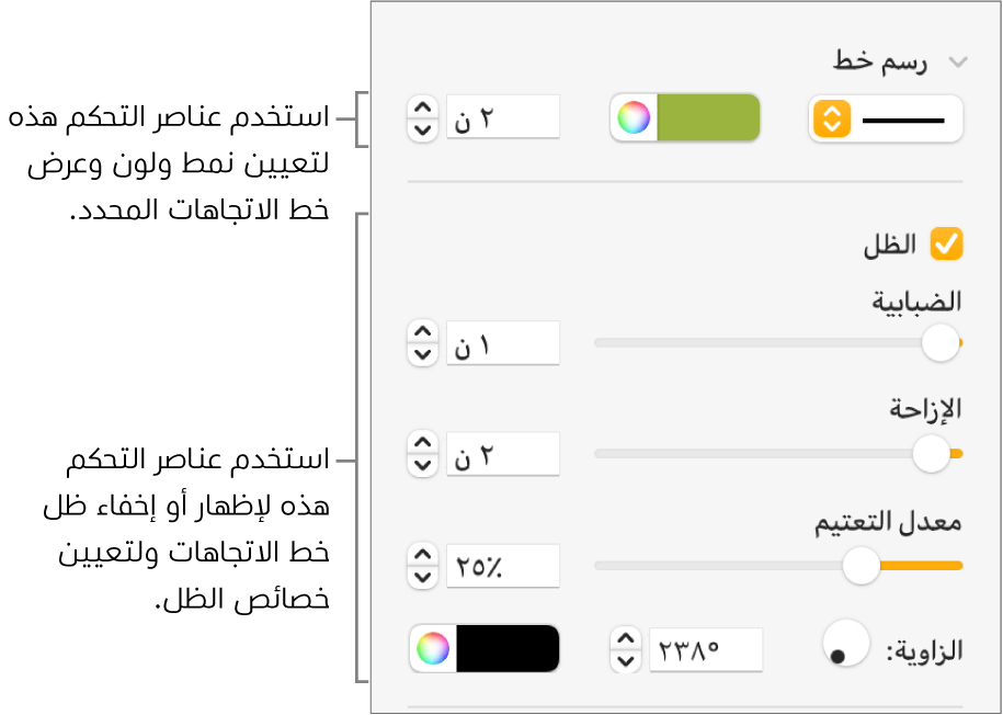 عناصر تحكم الشريط الجانبي لتغيير مظهر خطوط الاتجاهات.