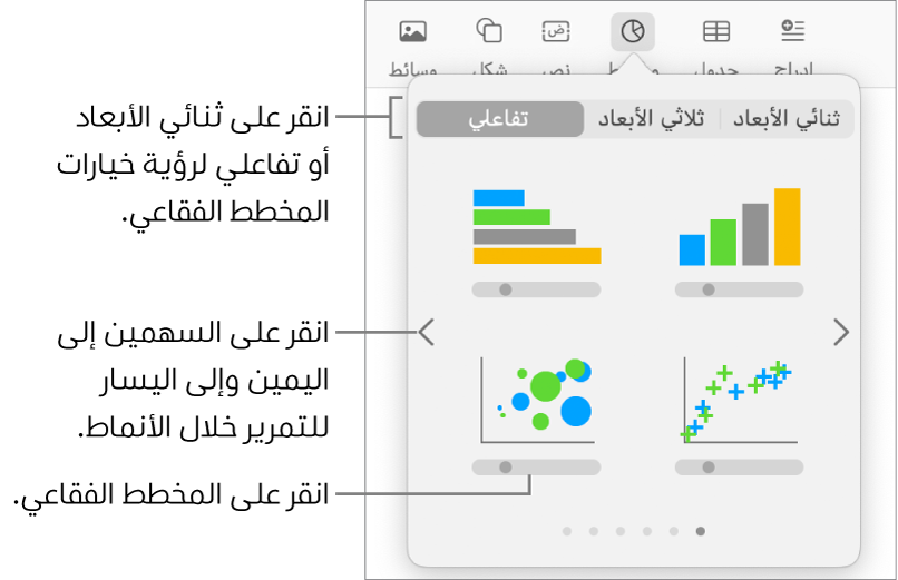 قائمة إضافة مخطط وتعرض مخططات تفاعلية، مع استدعاء خيار مخطط فقاعي.