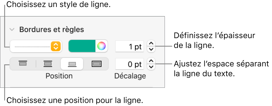 Commandes permettant de modifier le style, l’épaisseur, la position et la couleur de la ligne.