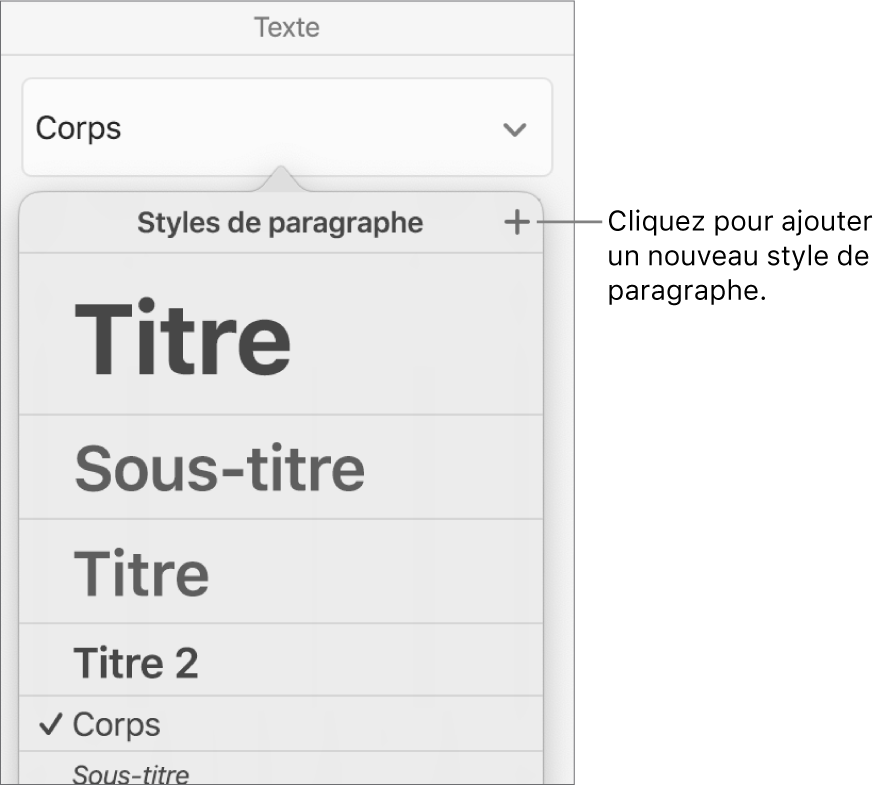 Le menu « Styles de paragraphe » avec le bouton « Nouveau style » accompagné d’une légende.