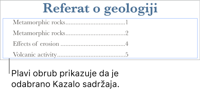 Kazalo sadržaja umetnuto u dokument. Unosi prikazuju naslove zajedno s pripadajućim brojevima stranica.