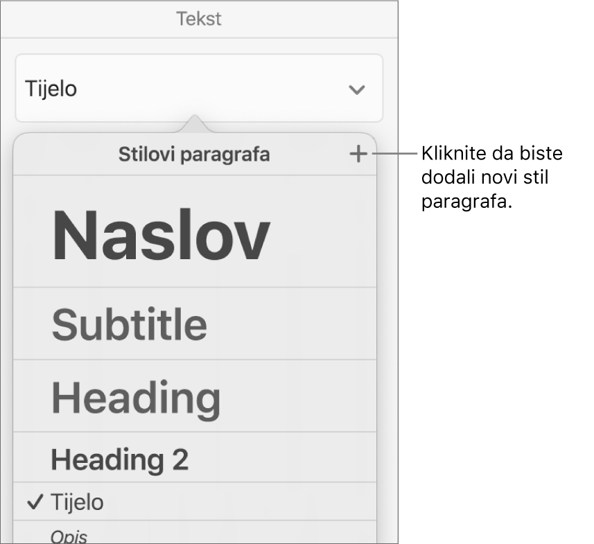 Izbornik stilova paragrafa s oblačićem za tipku Novi stil.