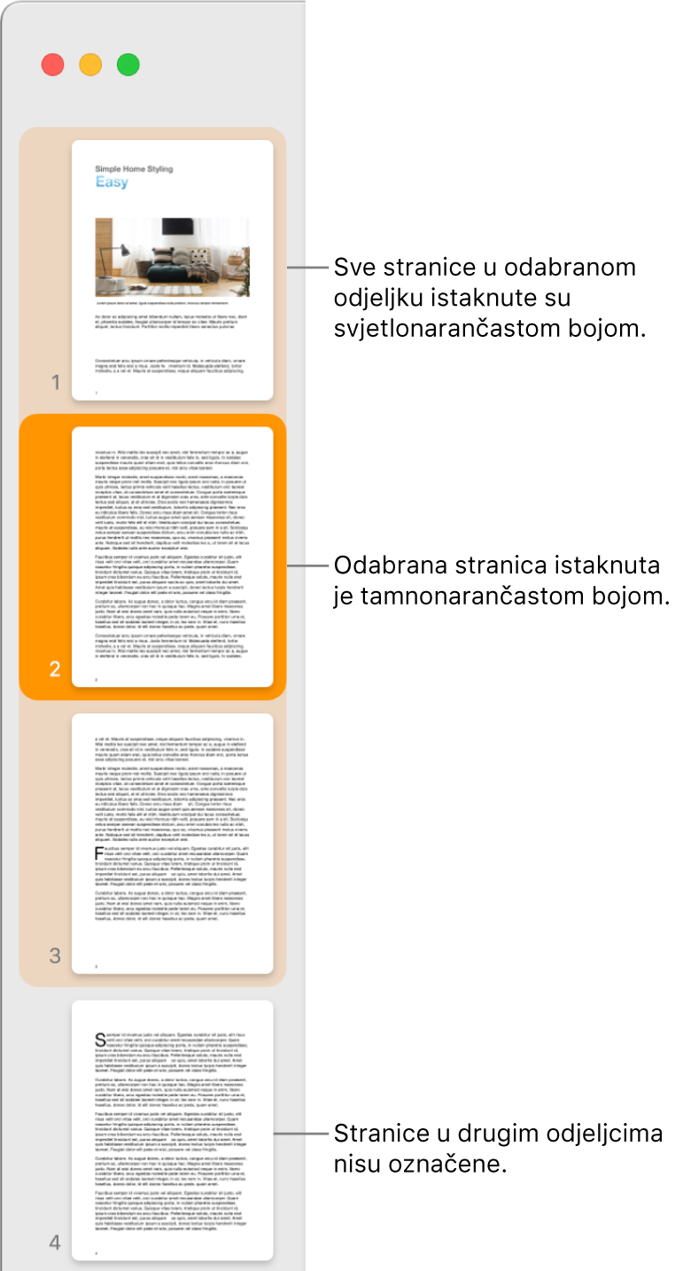 Rubni stupac Prikaz minijatura, s odabranom stranicom označenom tamnonarančastom bojom i svim stranicama u odabranom odjeljku označenima svjetlonarančastom bojom.