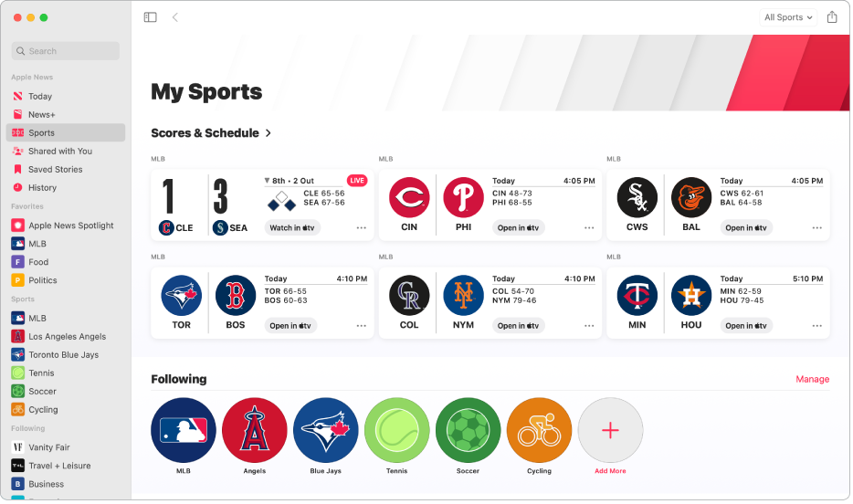 The News window showing My Sports, which includes the Scores & Schedule section, as well as the leagues, teams, and sports that are being followed.