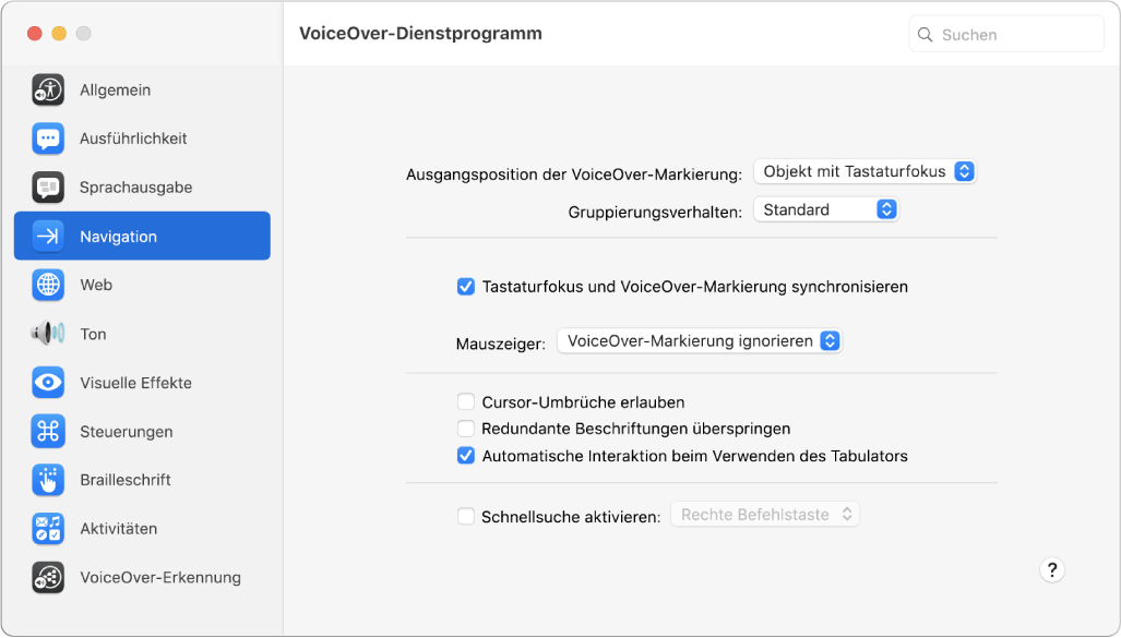 Das Fenster des VoiceOver-Dienstprogramms mit ausgewählter Kategorie „Navigation“ in der Seitenleiste links und den zugehörigen Optionen rechts. Unten rechts im Fenster ist die Hilfetaste, mit der die Hilfethemen der VoiceOver Online-Hilfe mit einer Erklärung für die Optionen angezeigt werden können.