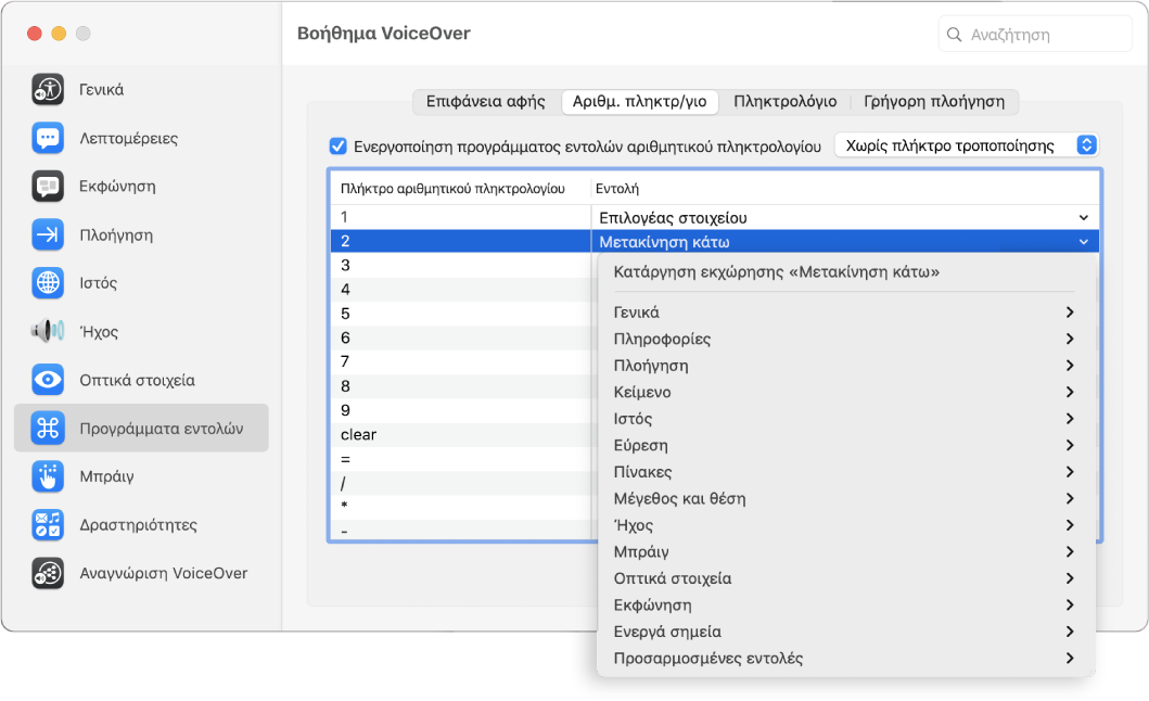 Το παράθυρο του Βοηθήματος VoiceOver όπου εμφανίζεται επιλεγμένη η κατηγορία «Προγράμματα εντολών» στην πλαϊνή στήλη και το τμήμα «Αριθμ. πληκτρ/γιο» επιλεγμένο στα δεξιά. Στο πάνω μέρος του τμήματος «Αριθμ. πληκτρ/γιο», είναι επιλεγμένο το πλαίσιο επιλογής «Ενεργοποίηση προγράμματος εντολών αριθμητικού πληκτρολογίου». Η επιλογή «Χωρίς τροποποίηση» είναι επιλεγμένη στο αναδυόμενο μενού «Τροποποιητής». Κάτω από το πλαίσιο επιλογής και το αναδυόμενο μενού βρίσκεται ένας πίνακας με δύο στήλες: Πλήκτρο αριθμητικού πληκτρολογίου και Εντολή. Η δεύτερη γραμμή είναι επιλεγμένη και περιέχει τον αριθμό 2 στη στήλη «Πλήκτρο αριθμητικού πληκτρολογίου» και τη «Μετακίνηση κάτω» στη στήλη «Εντολή». Ένα αναδυόμενο μενού κάτω από τη «Μετακίνηση κάτω» εμφανίζει κατηγορίες εντολών, όπως τα «Γενικά». Κάθε κατηγορία διαθέτει ένα βέλος για εμφάνιση εντολών που μπορούν να εκχωρηθούν στο τρέχον πλήκτρο αριθμητικού πληκτρολογίου.