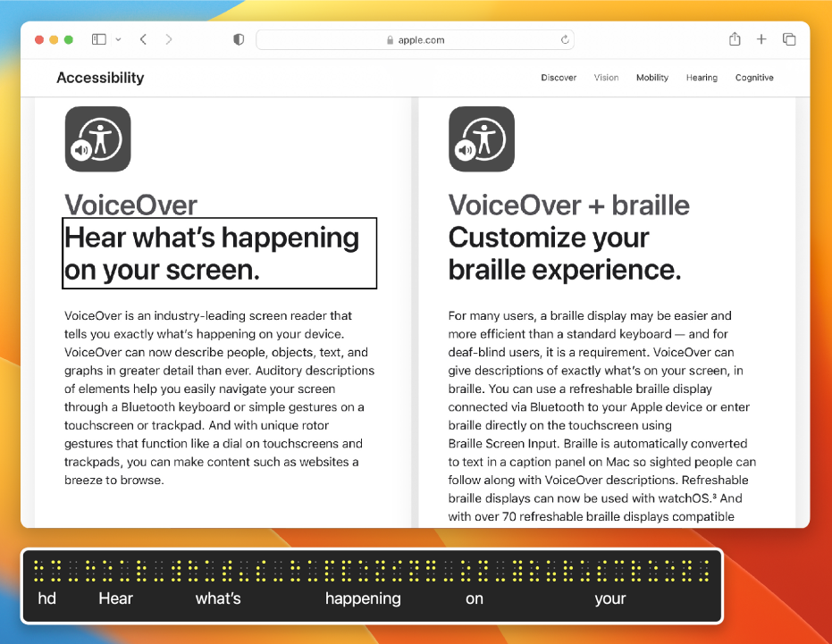 The braille panel showing what is in the VoiceOver cursor on a webpage. The braille panel displays simulated yellow braille dots, with corresponding text below the dots.