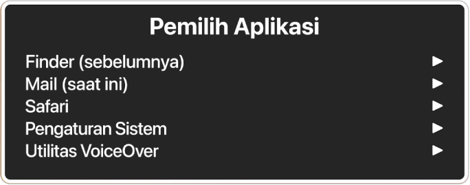 Pemilih Aplikasi mencantumkan lima aplikasi terbuka, termasuk Finder dan Pengaturan Sistem. Di kanan setiap item dalam daftar terdapat sebuah panah.