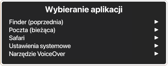 Menu wyboru okna zawierające pięć otwartych aplikacji, w tym Findera oraz Ustawienia systemowe. Po prawej stronie każdej nazwy na liście widoczna jest strzałka.