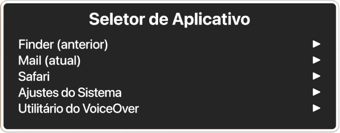 O Seletor de Apps mostrando cinco apps abertos, incluindo o Finder e Ajustes do Sistema. Há uma seta à direita de cada item na lista.