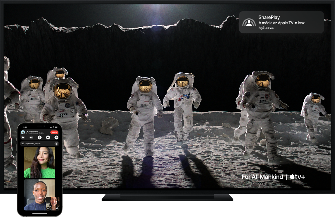 SharePlay-példa, amely egy iPhone-on és egy Apple TV-n jelenik meg.
