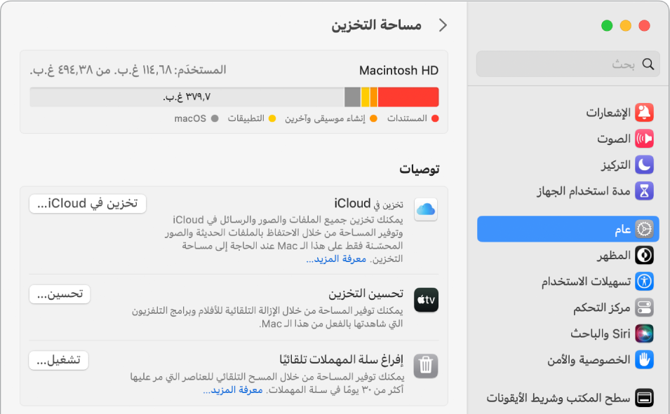 إعدادات التوصيات الخاصة بالتخزين، وتظهر فيها الخيارات تخزين في iCloud، وتحسين التخزين، وإفراغ سلة المهملات تلقائيًا.